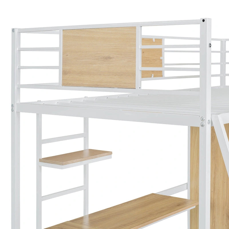White Twin Size Metal Wood Loft Bed with L-shaped Desk and Ladder