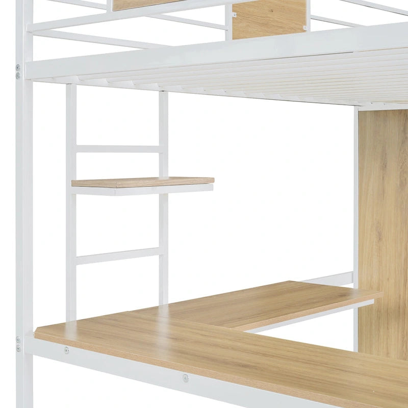 White Twin Size Metal Wood Loft Bed with L-shaped Desk and Ladder