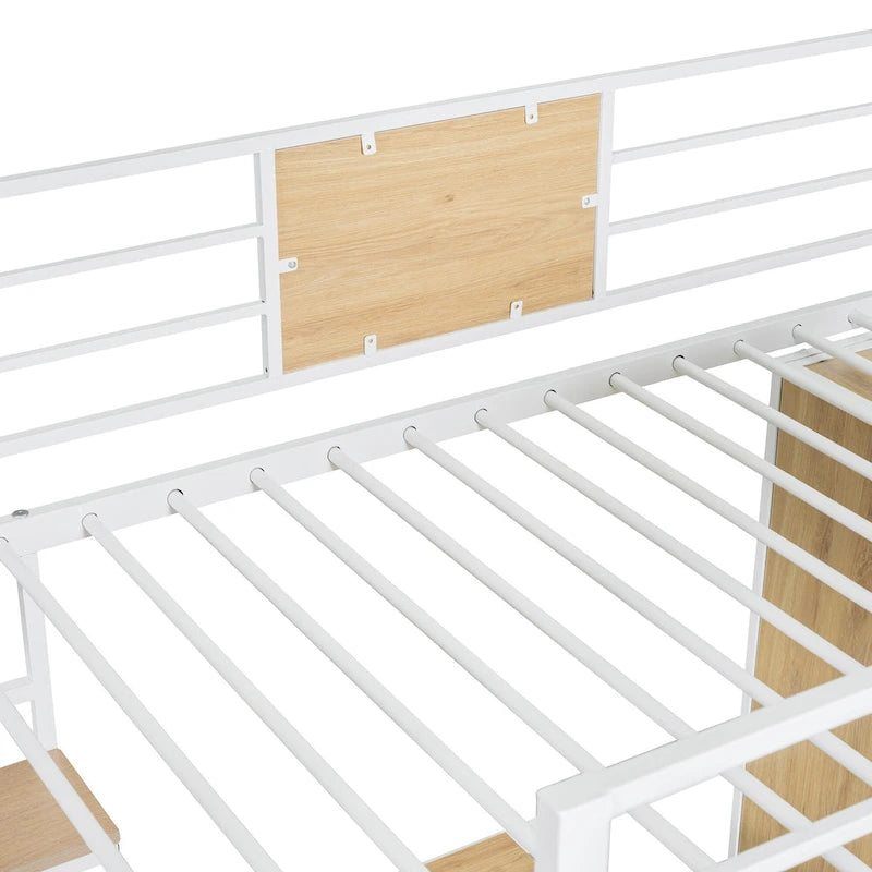 White Twin Size Metal Wood Loft Bed with L-shaped Desk and Ladder