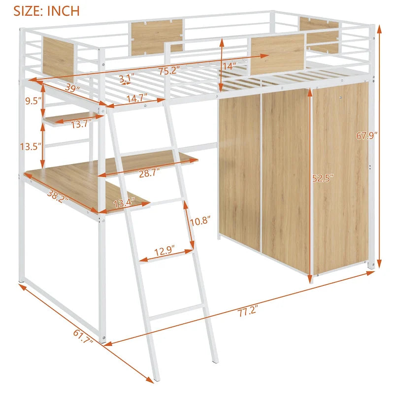 White Twin Size Metal Wood Loft Bed with L-shaped Desk and Ladder
