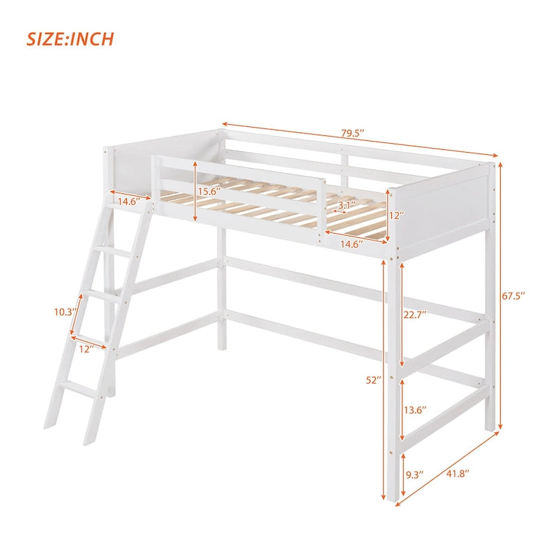 White Twin Metal Loft Bed with Built-in Desk and Storage Shelves