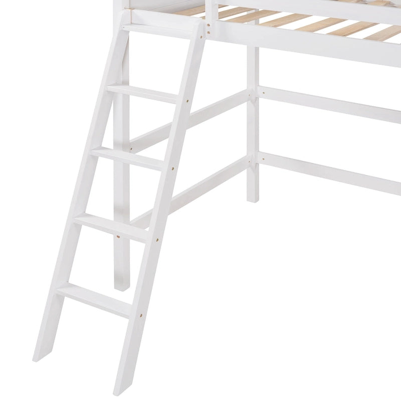 White Twin Metal Loft Bed with Built-in Desk and Storage Shelves