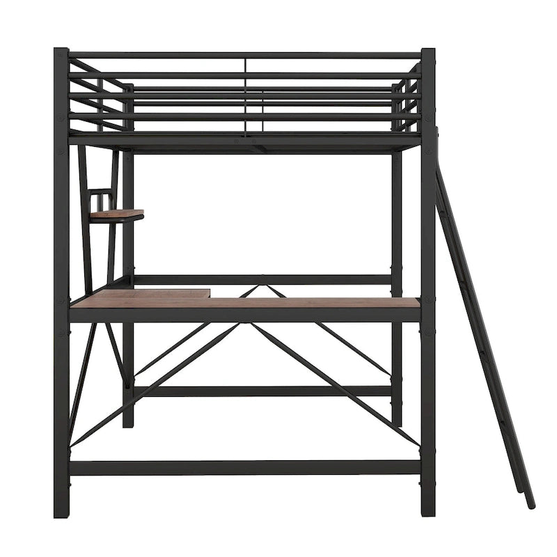 Metal Loft Bed with Desk and Guardrail