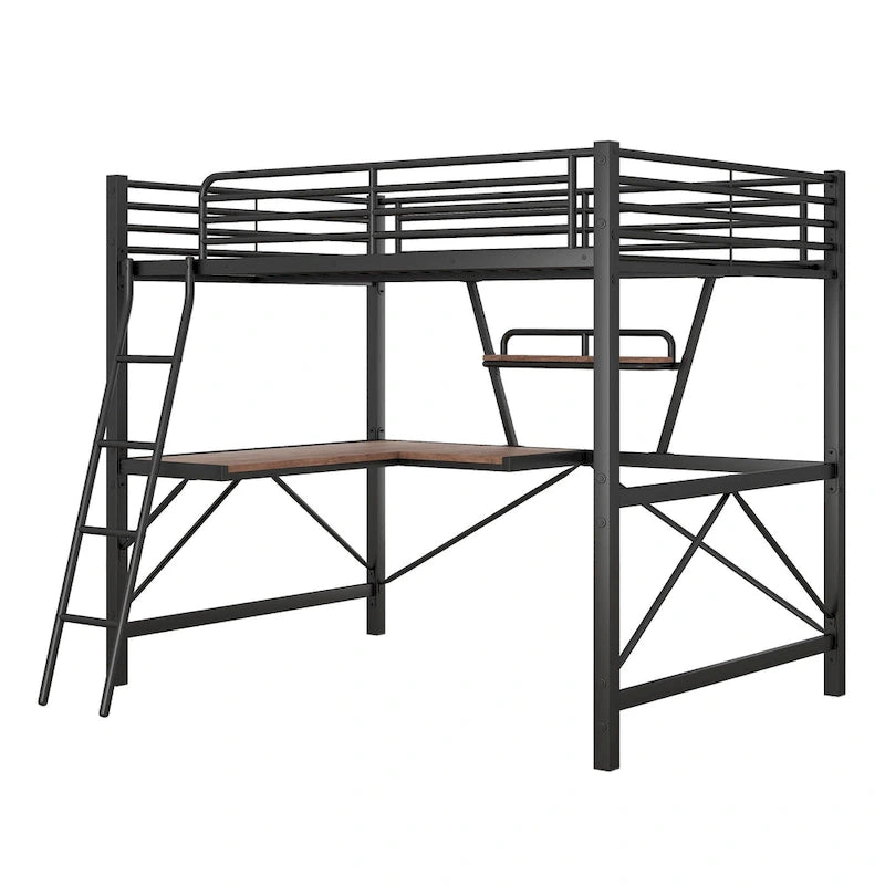 Metal Loft Bed with Desk and Guardrail