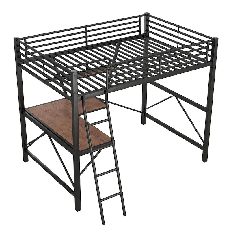 Metal Loft Bed with Desk and Guardrail