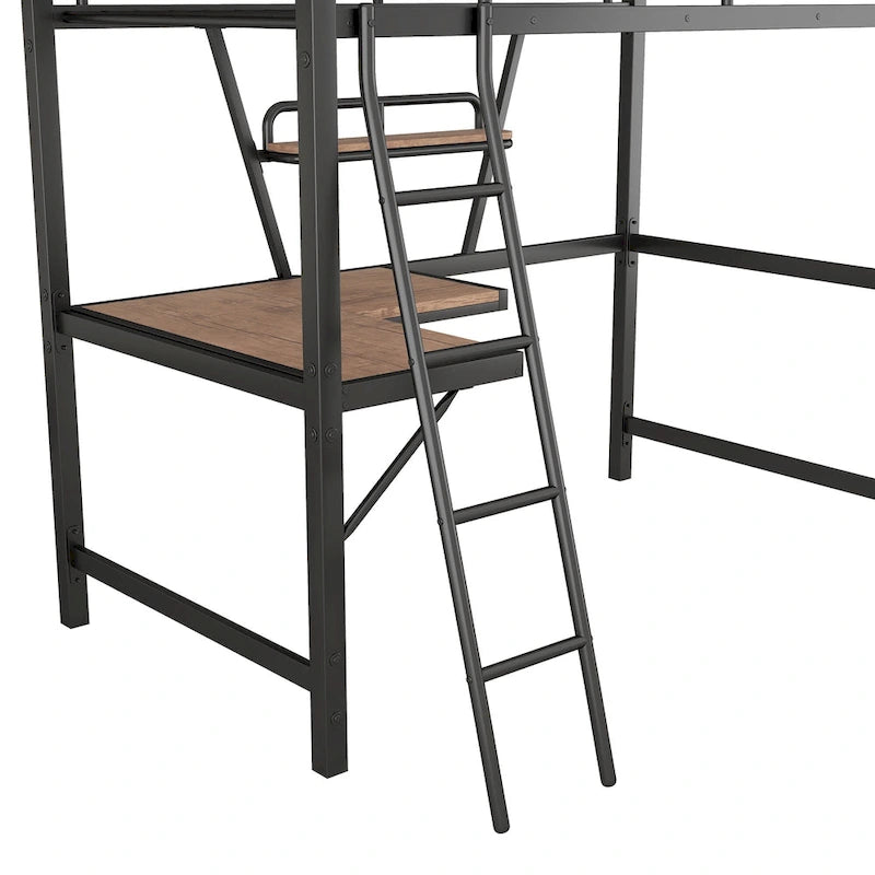 Metal Loft Bed with Desk and Guardrail