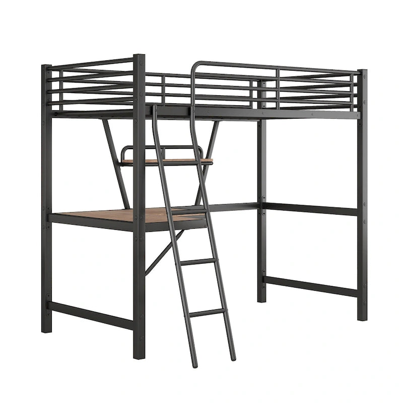 Metal Loft Bed with Desk and Guardrail