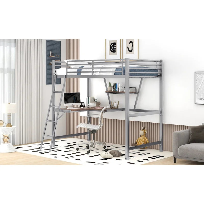 Metal Loft Bed with Desk and Guardrail