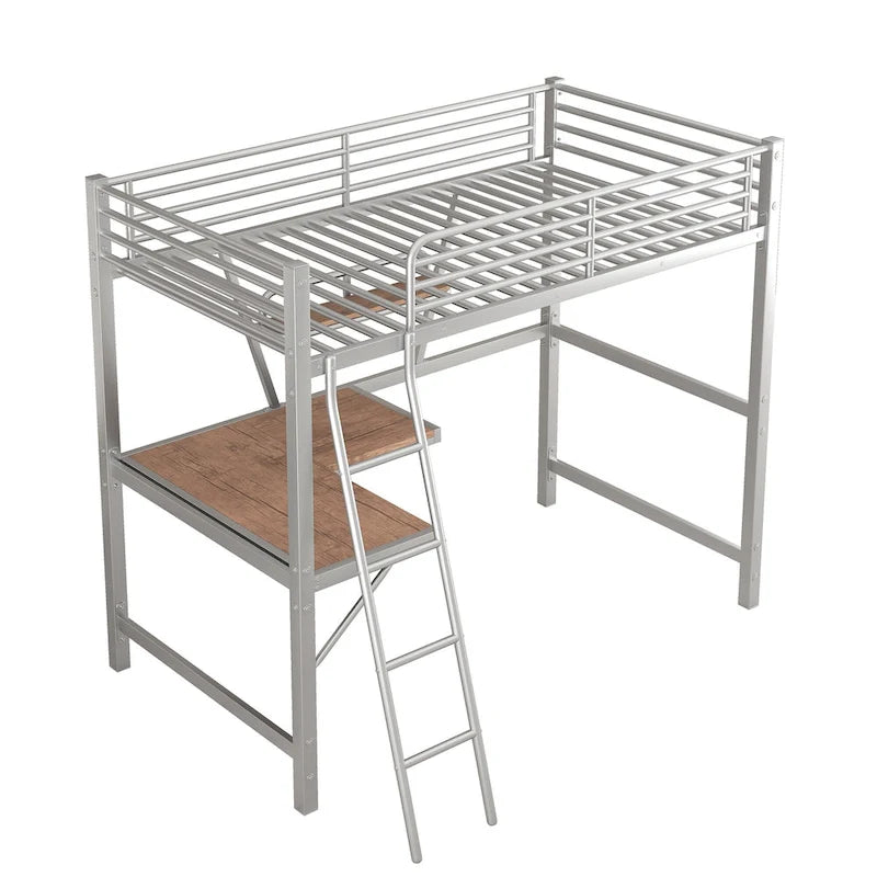 Metal Loft Bed with Desk and Guardrail