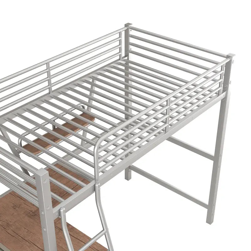 Metal Loft Bed with Desk and Guardrail