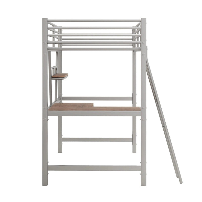 Metal Loft Bed with Desk and Guardrail