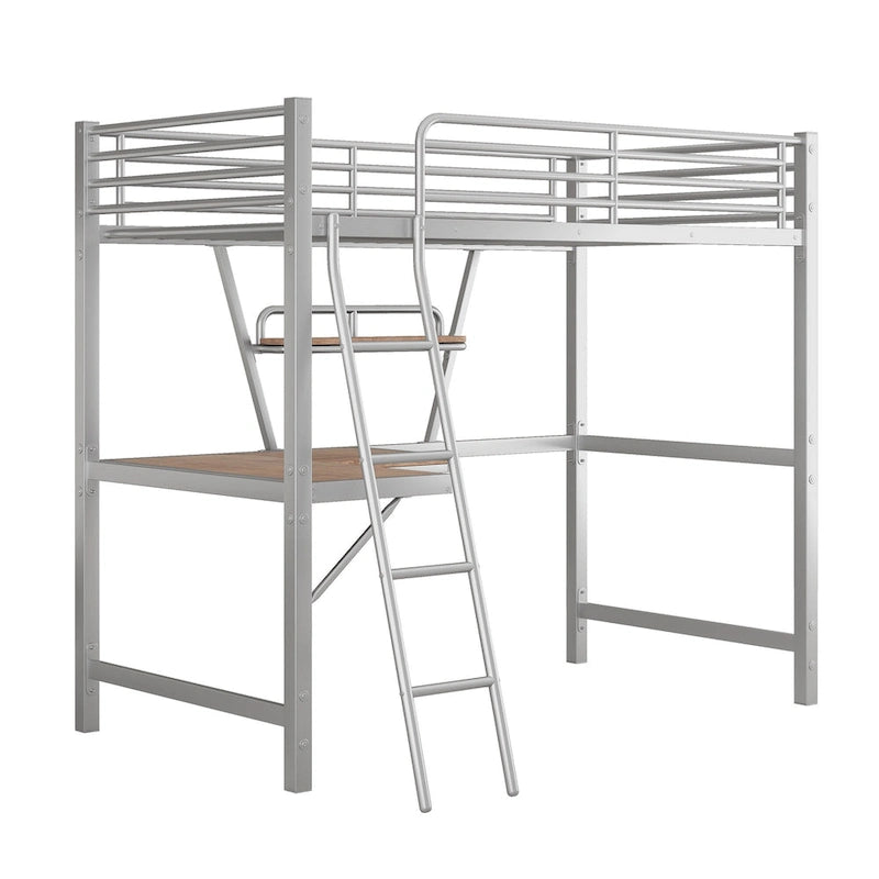 Metal Loft Bed with Desk and Guardrail