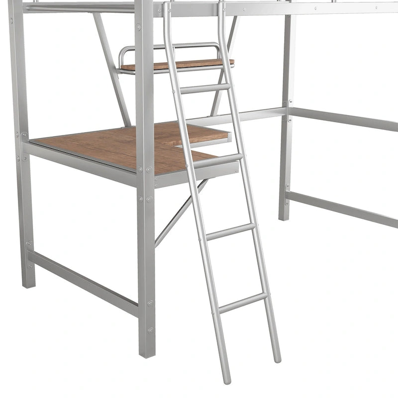 Metal Loft Bed with Desk and Guardrail