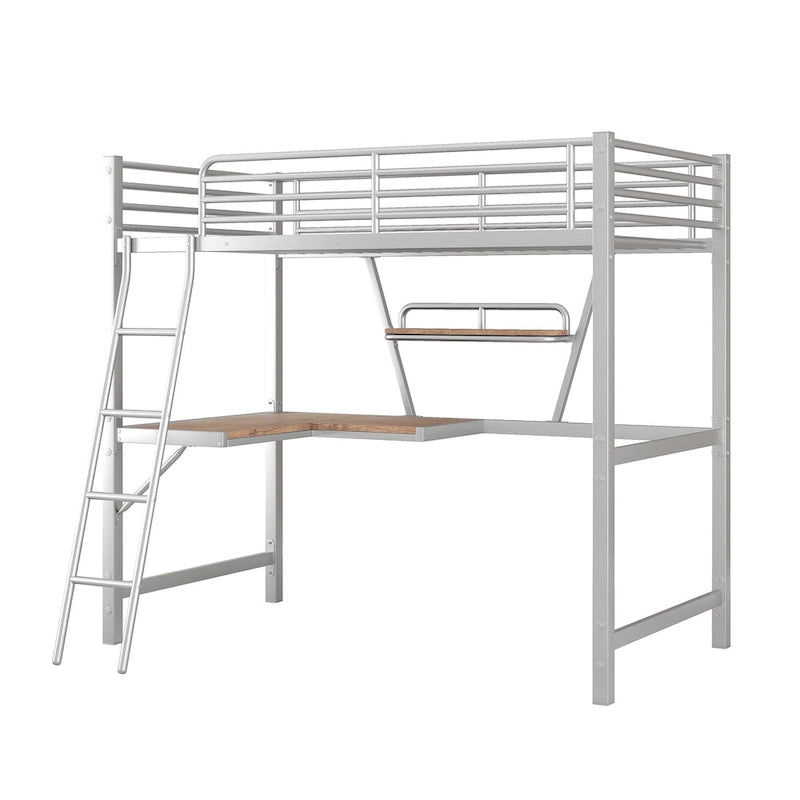 Metal Loft Bed with Desk and Guardrail