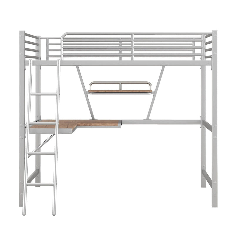 Metal Loft Bed with Desk and Guardrail