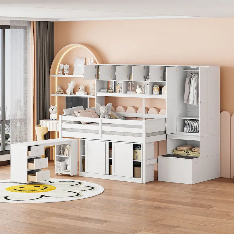 White Full Size Wooden Loft Bed with Integrated Wardrobe & Desk
