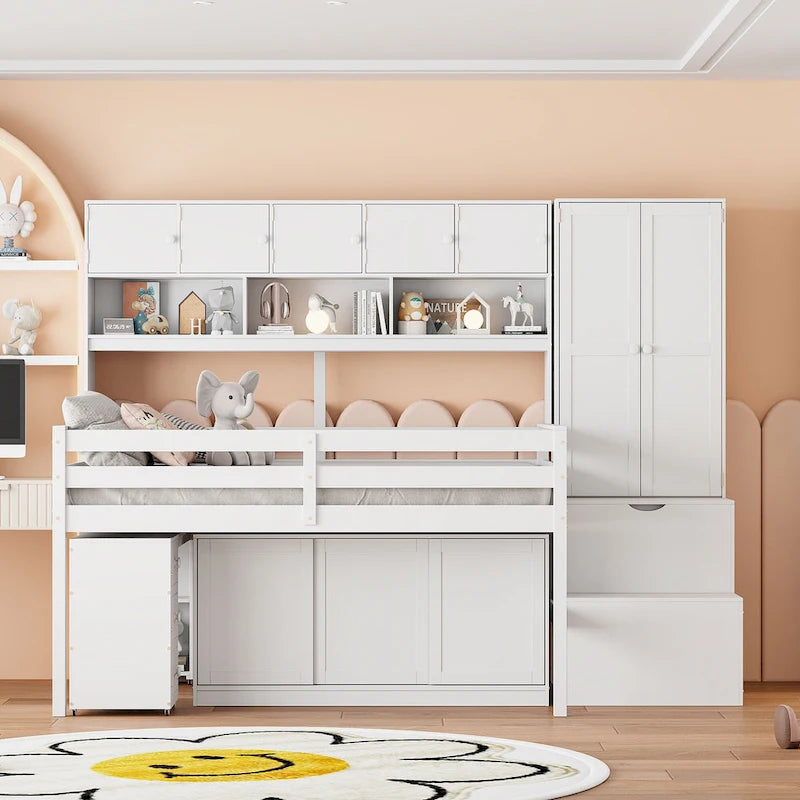 White Full Size Wooden Loft Bed with Integrated Wardrobe & Desk