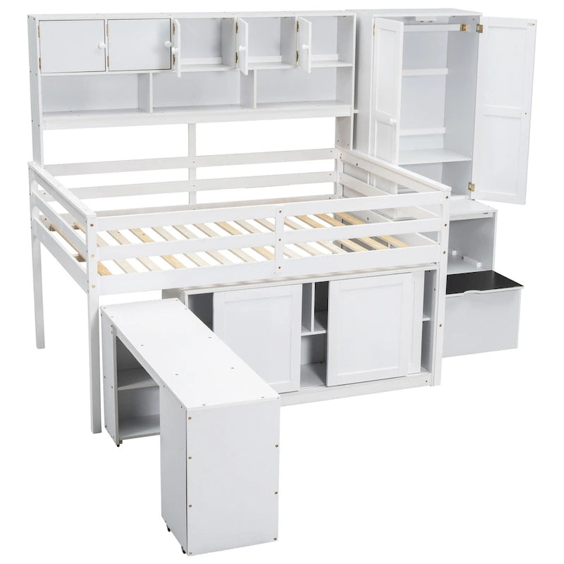 White Full Size Wooden Loft Bed with Integrated Wardrobe & Desk