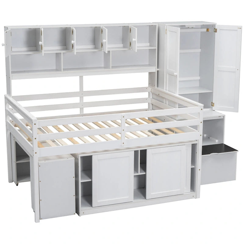 White Full Size Wooden Loft Bed with Integrated Wardrobe & Desk