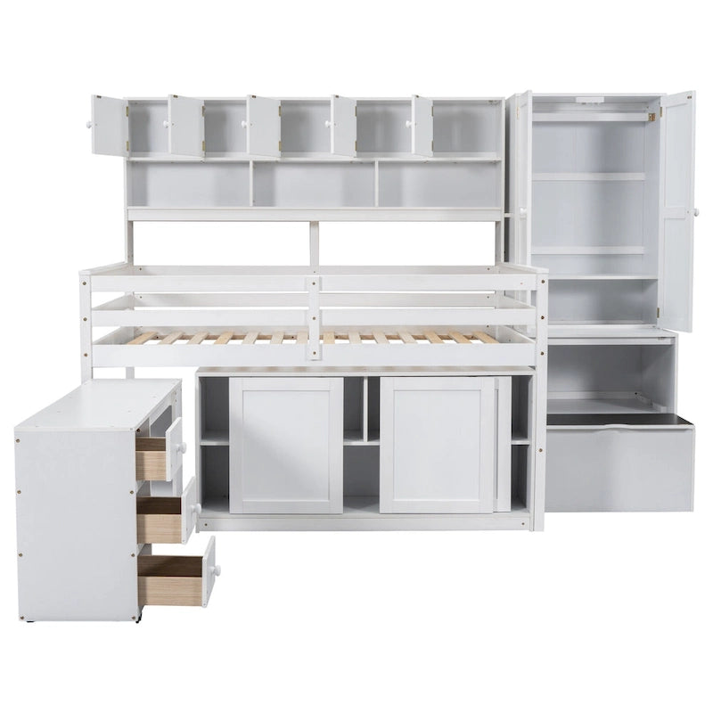 White Full Size Wooden Loft Bed with Integrated Wardrobe & Desk