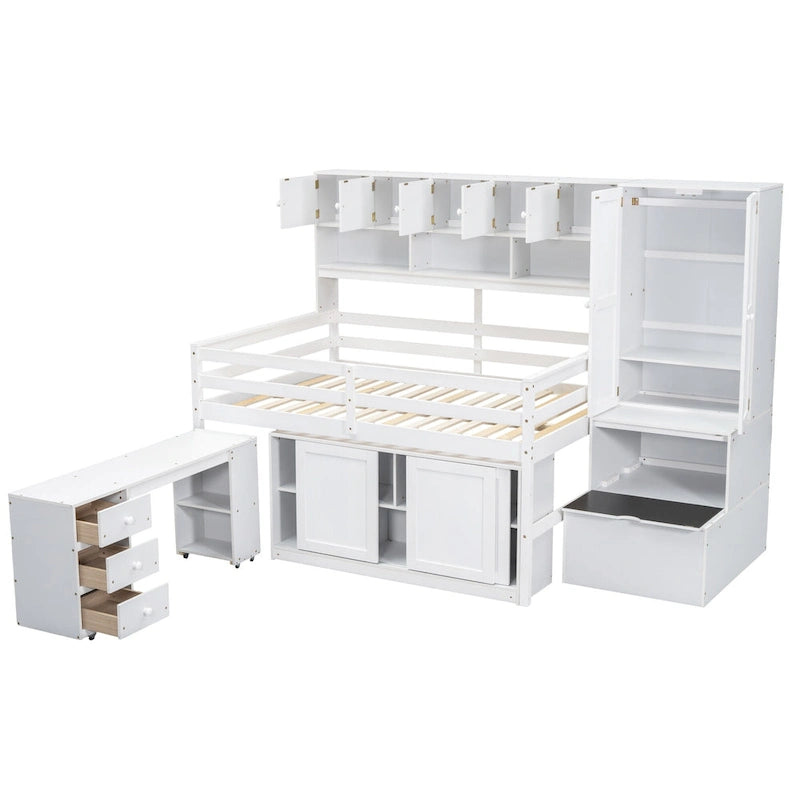 White Full Size Wooden Loft Bed with Integrated Wardrobe & Desk