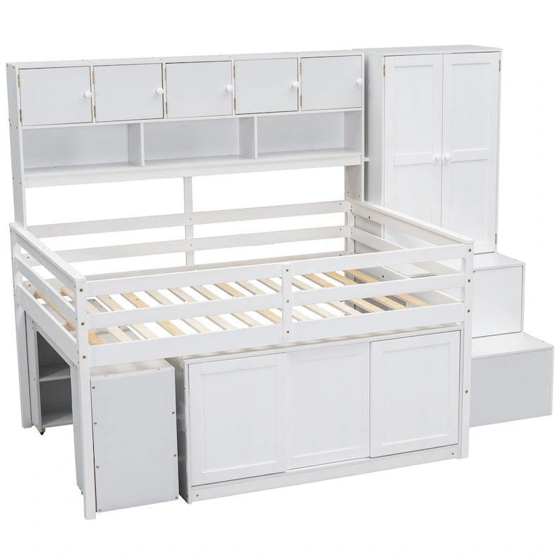 White Full Size Wooden Loft Bed with Integrated Wardrobe & Desk