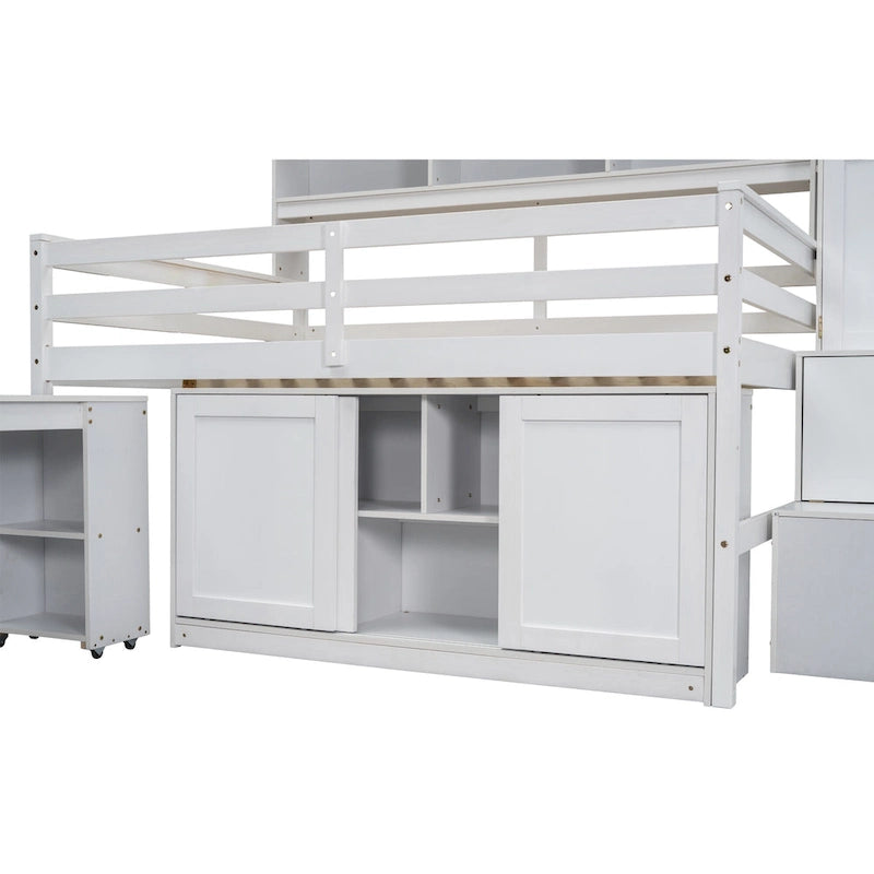 White Full Size Wooden Loft Bed with Integrated Wardrobe & Desk