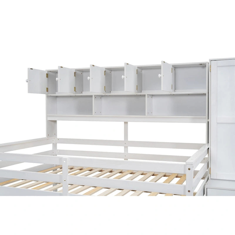 White Full Size Wooden Loft Bed with Integrated Wardrobe & Desk