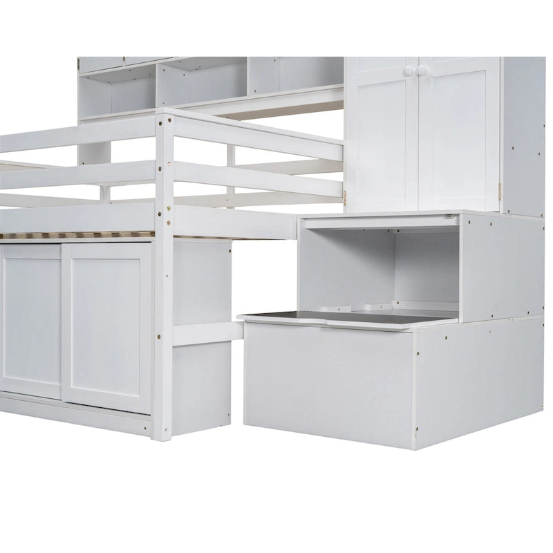 White Full Size Wooden Loft Bed with Integrated Wardrobe & Desk