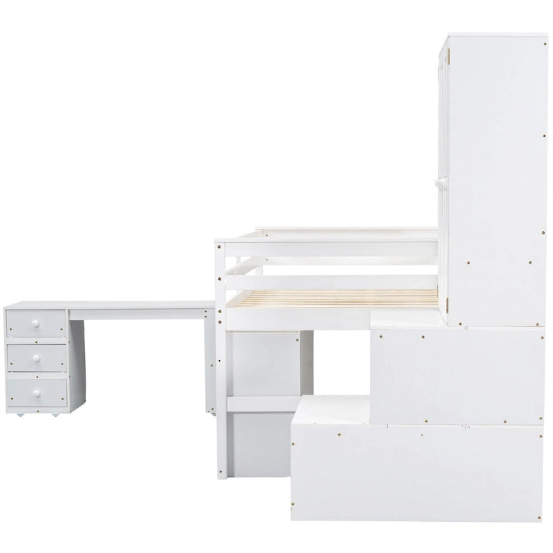 White Full Size Wooden Loft Bed with Integrated Wardrobe & Desk