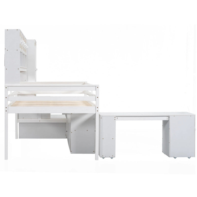 White Full Size Wooden Loft Bed with Integrated Wardrobe & Desk