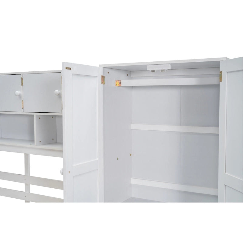 White Full Size Wooden Loft Bed with Integrated Wardrobe & Desk