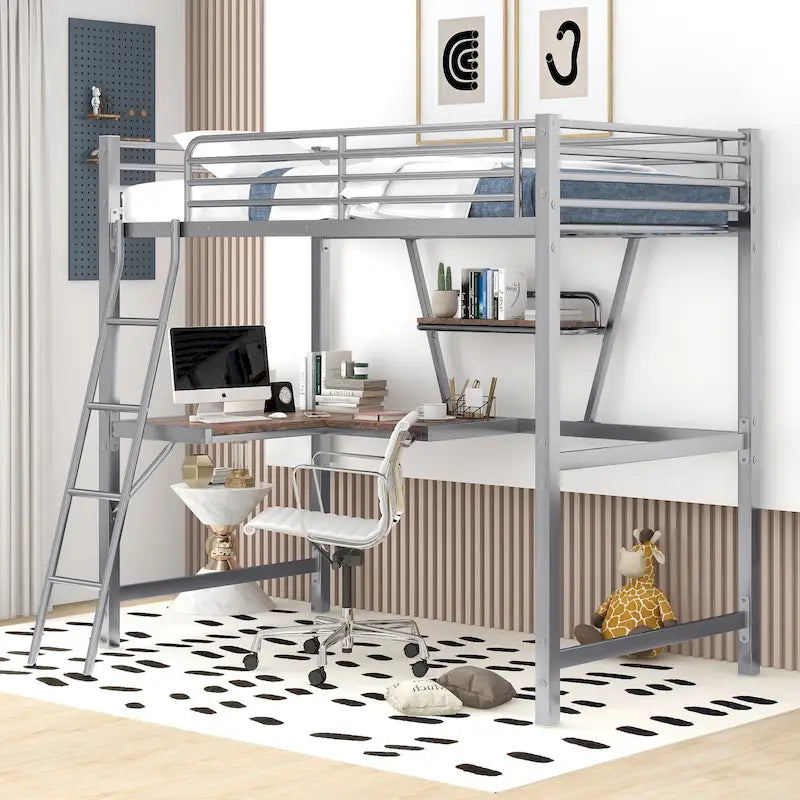 Twin Metal Loft Bed with Desk and Guardrail