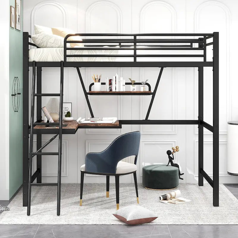 Twin Metal Loft Bed with Desk and Guardrail