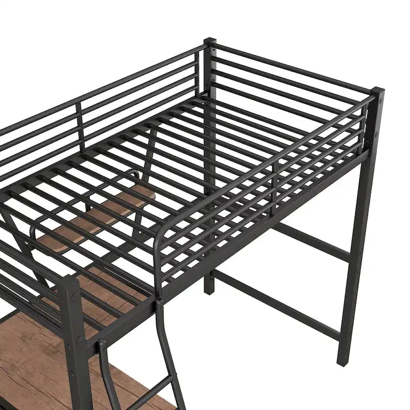Twin Metal Loft Bed with Desk and Guardrail