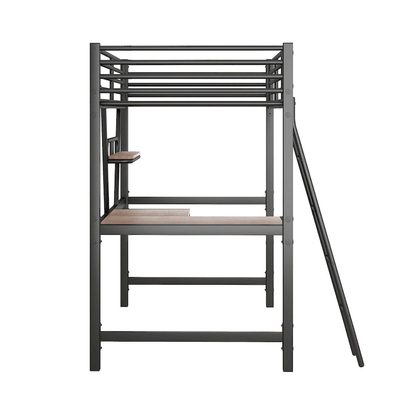 Twin Metal Loft Bed with Desk and Guardrail