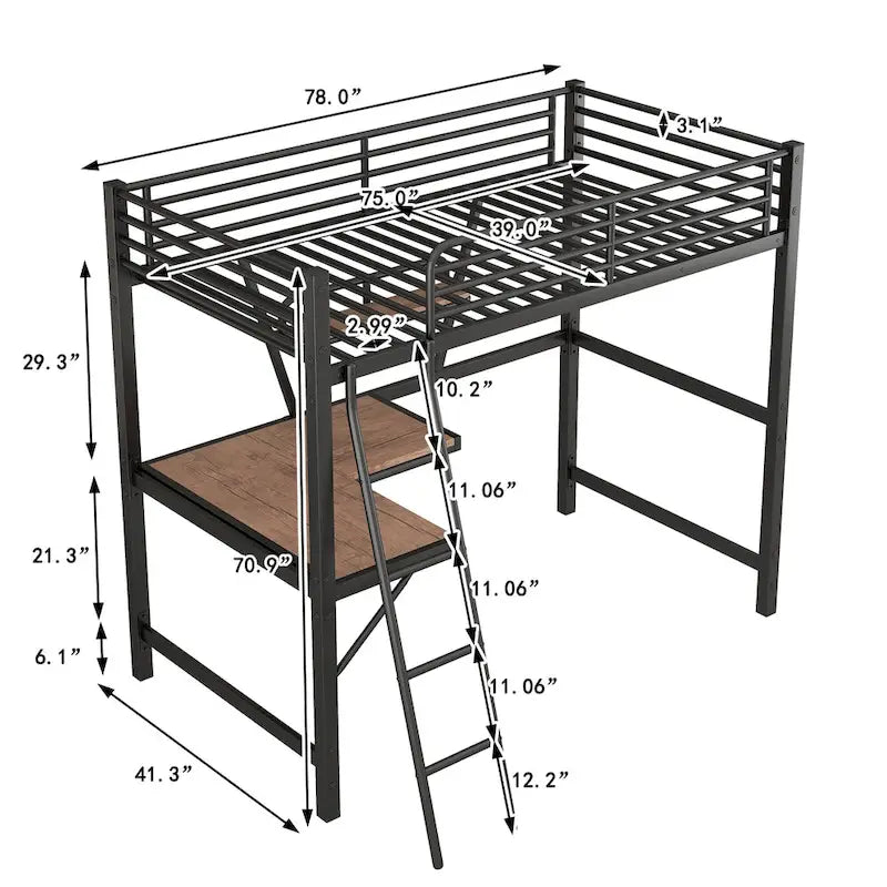 Twin Metal Loft Bed with Desk and Guardrail