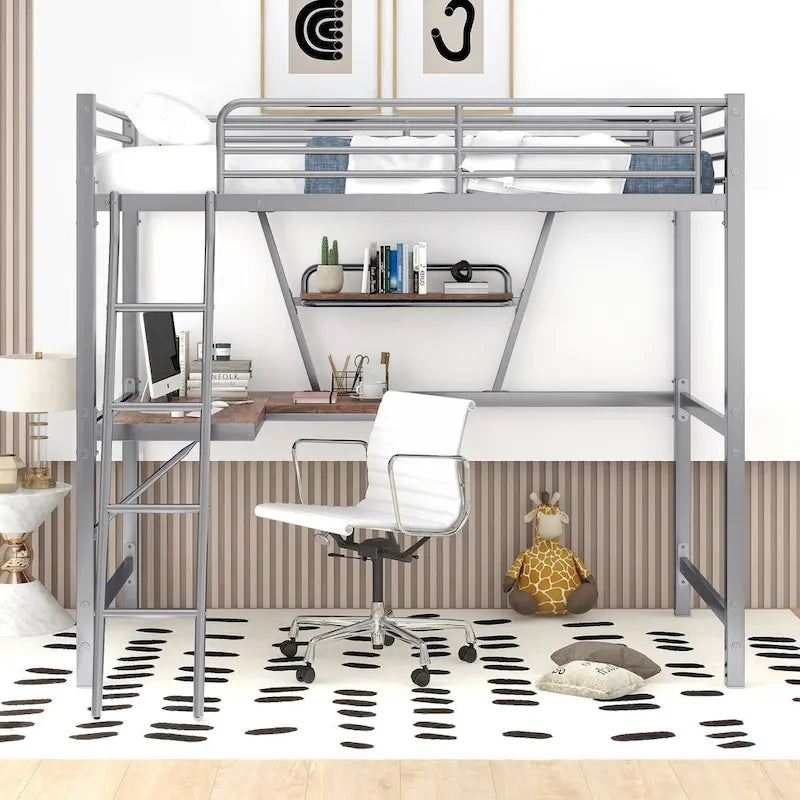 Twin Metal Loft Bed with Desk and Guardrail