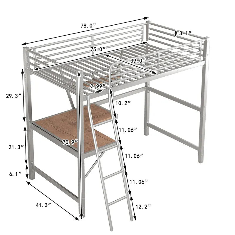 Twin Metal Loft Bed with Desk and Guardrail