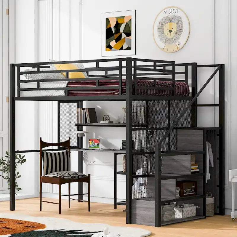 Full Metal Loft Bed with Wardrobe, Desk & Storage Shelves