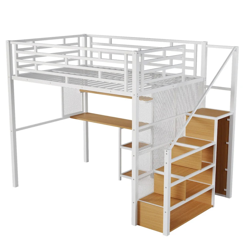 Full Metal Loft Bed with Wardrobe, Desk & Storage Shelves