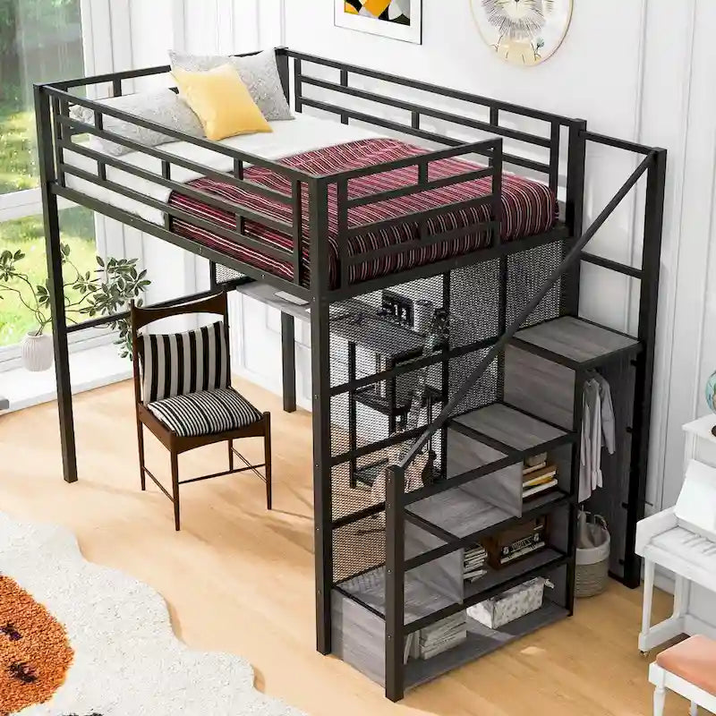 Full Metal Loft Bed with Wardrobe, Desk & Storage Shelves