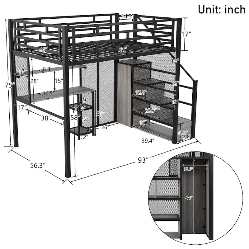Full Metal Loft Bed with Wardrobe, Desk & Storage Shelves