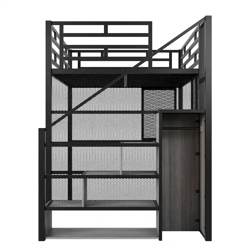 Full Metal Loft Bed with Wardrobe, Desk & Storage Shelves