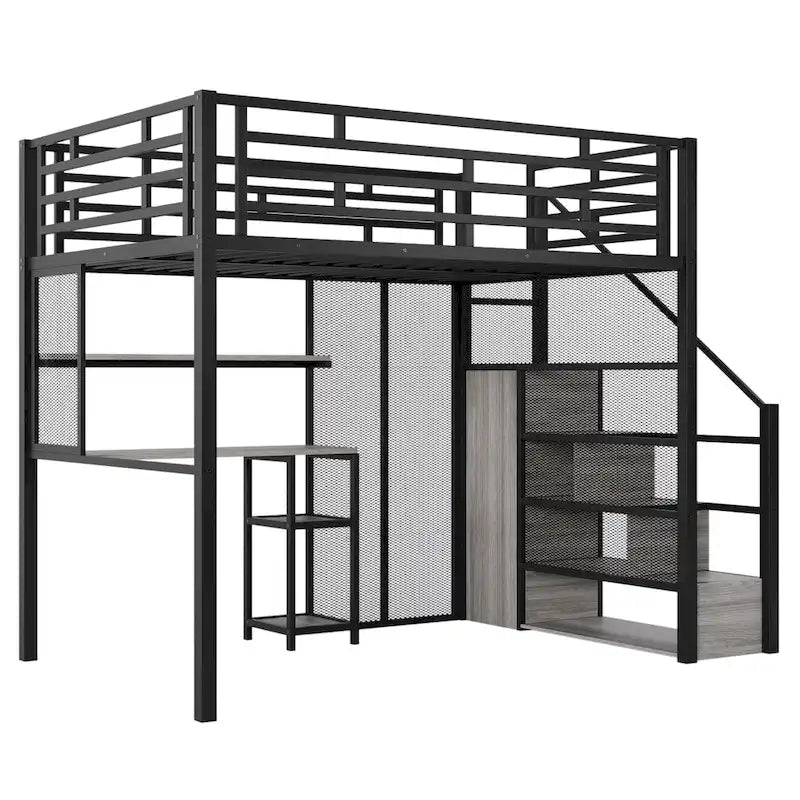 Full Metal Loft Bed with Wardrobe, Desk & Storage Shelves
