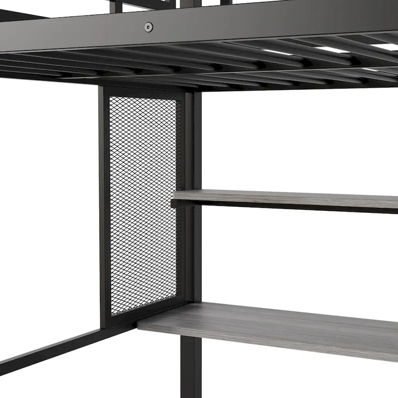 Full Metal Loft Bed with Wardrobe, Desk & Storage Shelves