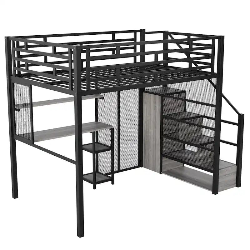 Full Metal Loft Bed with Wardrobe, Desk & Storage Shelves