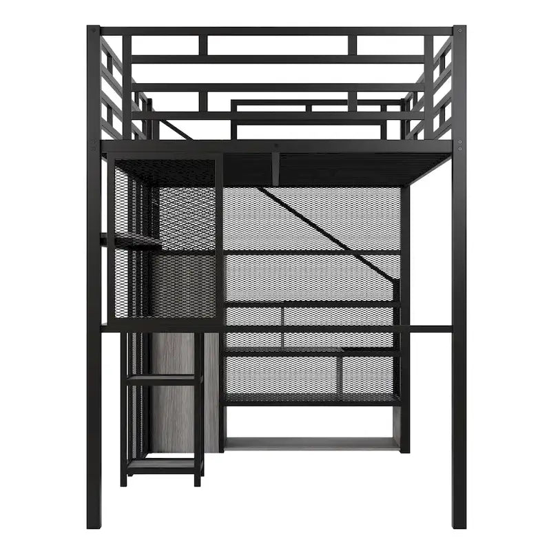 Full Metal Loft Bed with Wardrobe, Desk & Storage Shelves