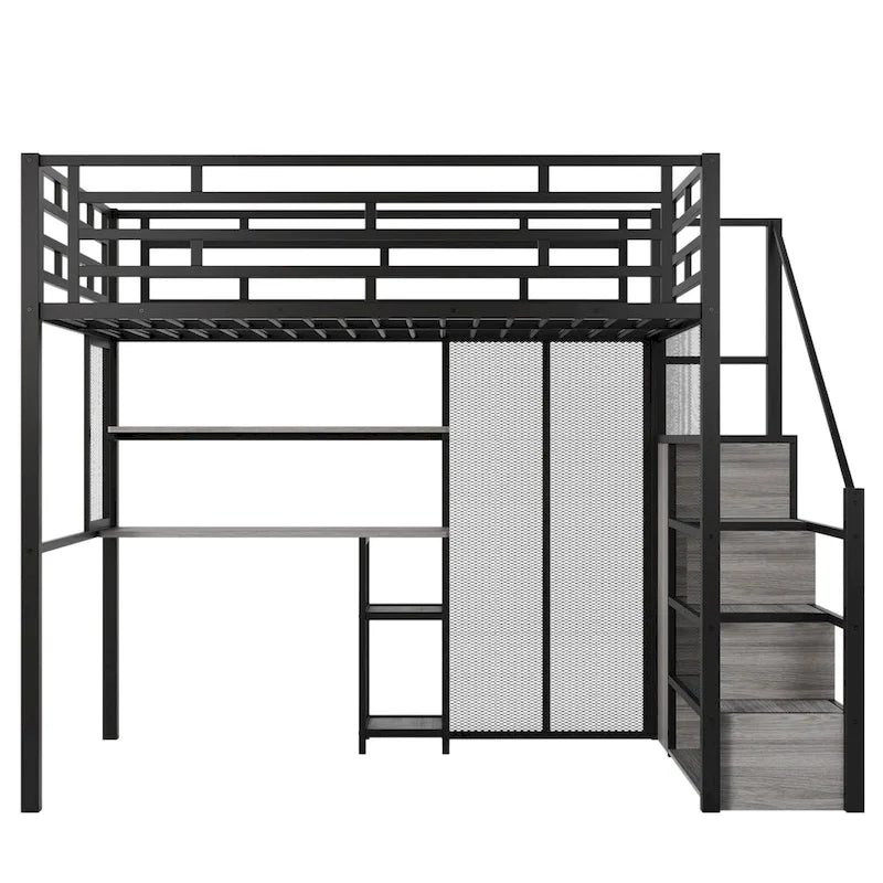 Full Metal Loft Bed with Wardrobe, Desk & Storage Shelves