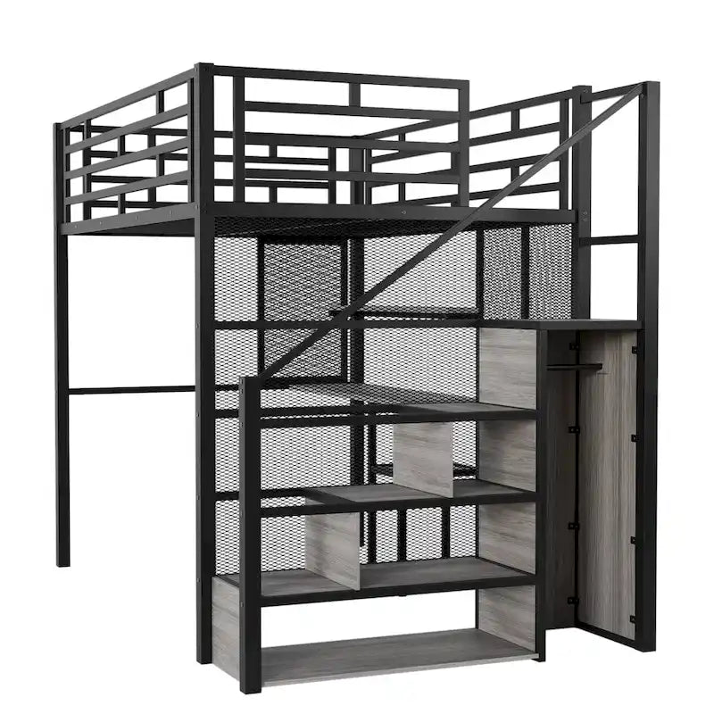 Full Metal Loft Bed with Wardrobe, Desk & Storage Shelves
